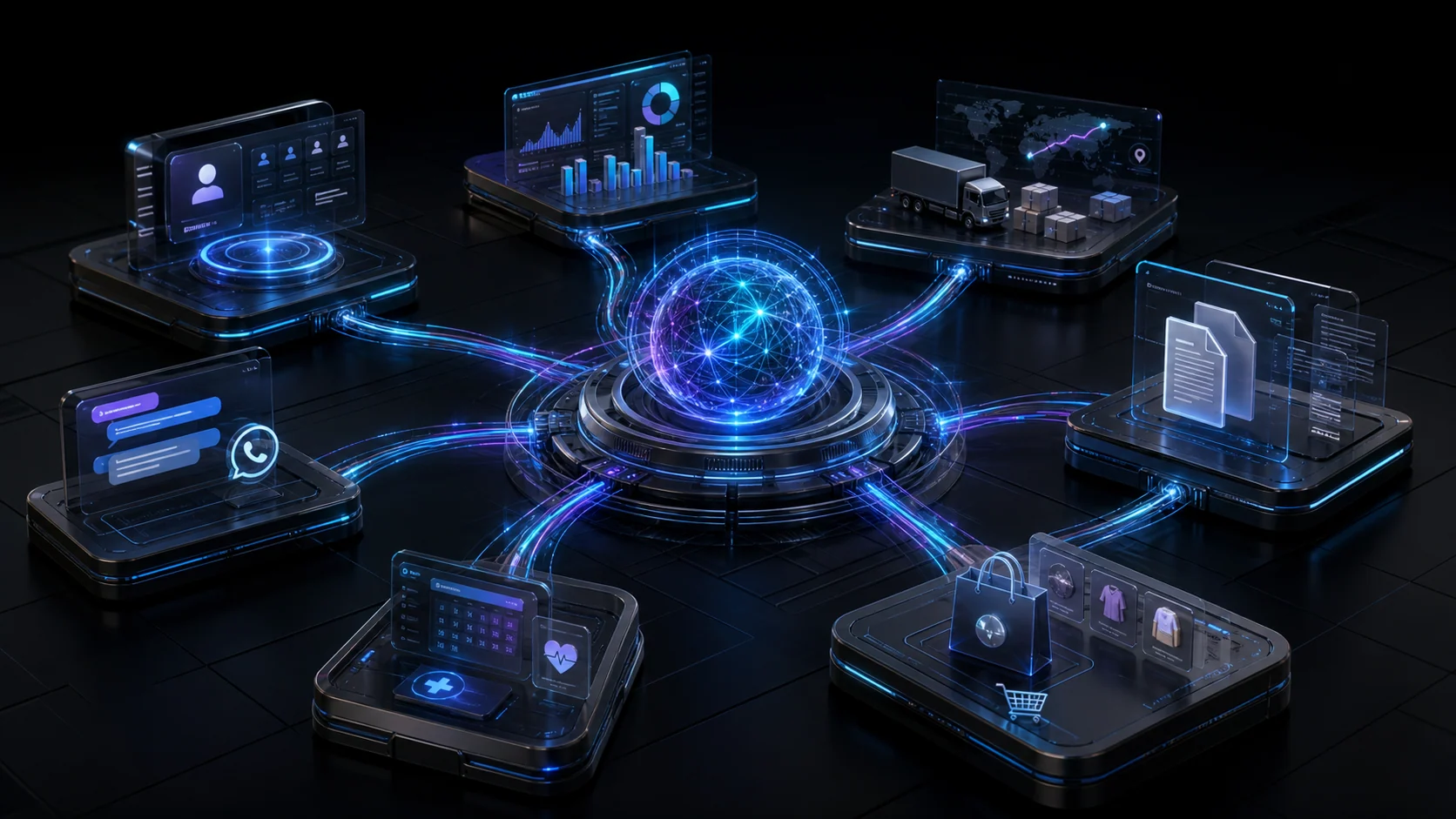 Produtos de CRM, finanças, logística, documentos, atendimento, saúde e varejo conectados a um núcleo central de inteligência artificial