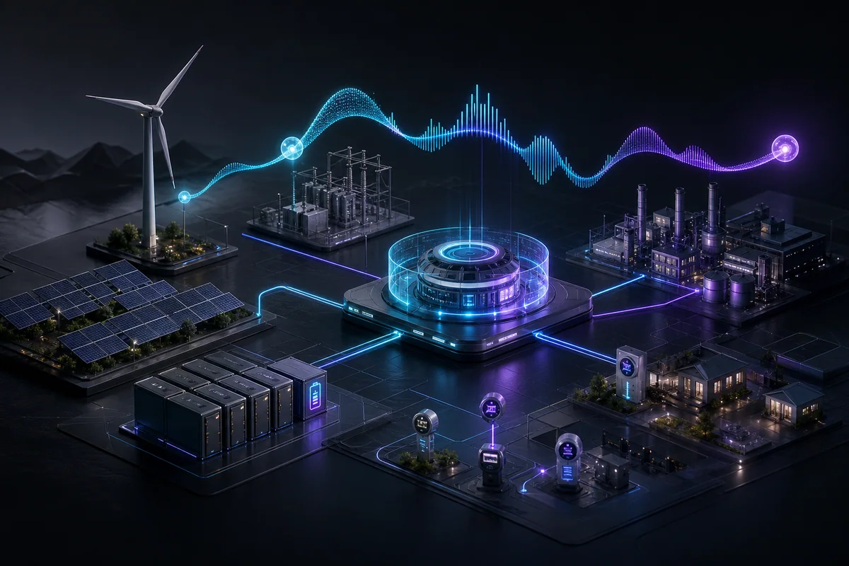 Ilustração de energia inteligente conectando geração, rede, armazenamento, consumo e manutenção