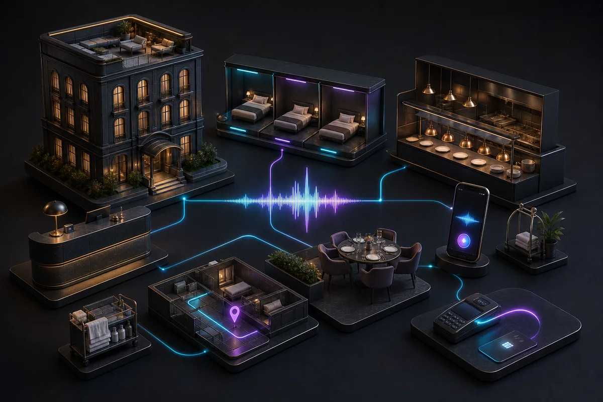 Ilustração de hotelaria inteligente conectando reservas, quartos, restaurante, atendimento e pagamentos