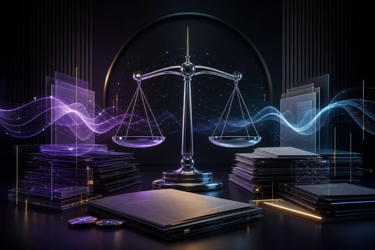 Ilustração de uma plataforma jurídica inteligente analisando contratos